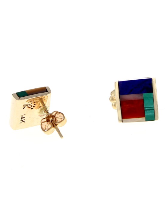Lapis, Malachite and Red Coral Square Earrings